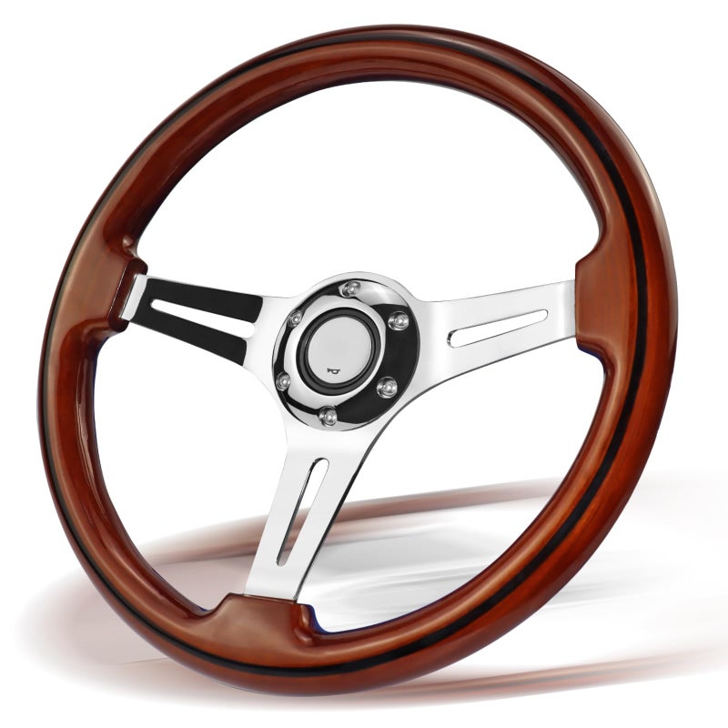 VOONKE Universal 350MM Wood Racing/Golf Steering Wheel, 6 Bolts Grip Steering Wheel For Club Car EZGO RXV & TXT, Yamaha, Precedent Tempo, DS,for Race/Rally/Motorsport/Car (Electroplated Long Strip) - Image 1