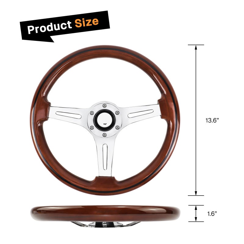VOONKE Universal 350MM Wood Racing/Golf Steering Wheel, 6 Bolts Grip Steering Wheel For Club Car EZGO RXV & TXT, Yamaha, Precedent Tempo, DS,for Race/Rally/Motorsport/Car (Electroplated Long Strip) - Image 2
