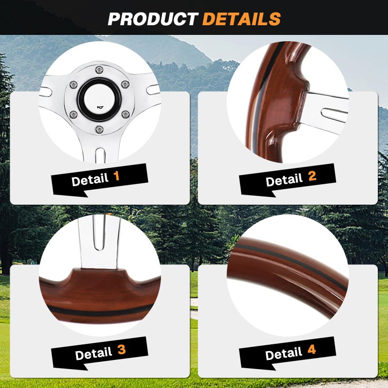 VOONKE Universal 350MM Wood Racing/Golf Steering Wheel, 6 Bolts Grip Steering Wheel For Club Car EZGO RXV & TXT, Yamaha, Precedent Tempo, DS,for Race/Rally/Motorsport/Car (Electroplated Long Strip) - Image 3
