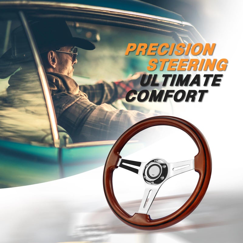 VOONKE Universal 350MM Wood Racing/Golf Steering Wheel, 6 Bolts Grip Steering Wheel For Club Car EZGO RXV & TXT, Yamaha, Precedent Tempo, DS,for Race/Rally/Motorsport/Car (Electroplated Long Strip) - Image 4