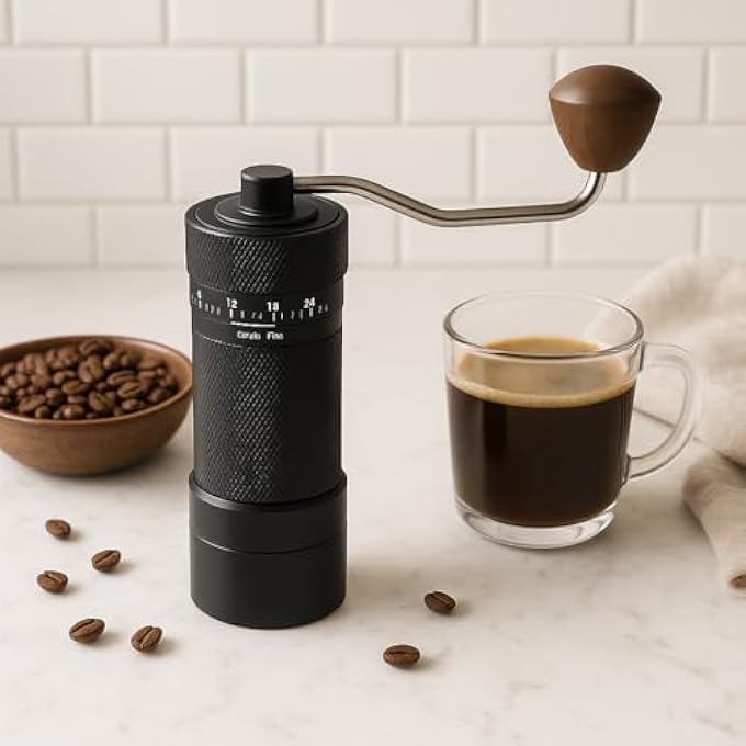 ريحني مطحنة قهوة يدوية قابلة للتعديل من الفولاذ المقاوم للصدأ، سعة 25 جرامًا لآلة الإسبريسو V60 الفرنسية، مطحنة حبوب قهوة صغيرة محمولة مع 6 تروس باللون الأسود - Image 2