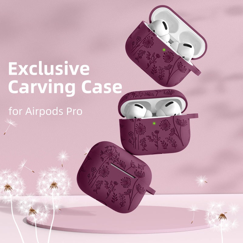 Lerobo Purplish Red Silicone Case for AirPods Pro 2/1 2023/22/19, Floral Engraved Protective Cover with Keychain, Portable Electronic Device Cover - Image 2