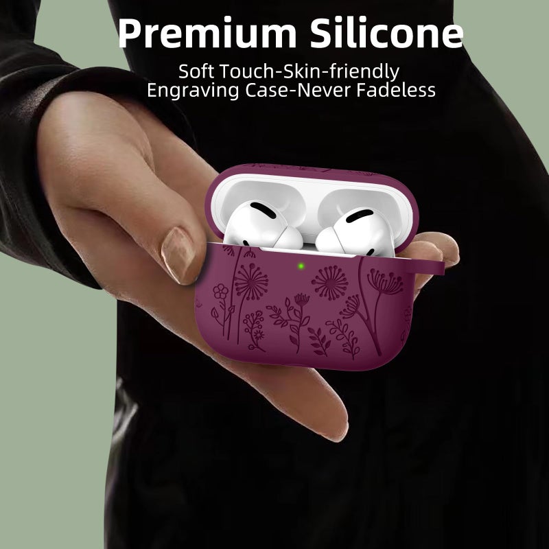 Lerobo Purplish Red Silicone Case for AirPods Pro 2/1 2023/22/19, Floral Engraved Protective Cover with Keychain, Portable Electronic Device Cover - Image 4