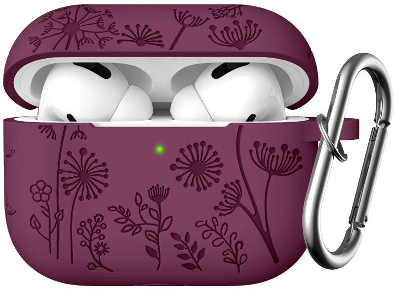 Lerobo Purplish Red Silicone Case for AirPods Pro 2/1 2023/22/19, Floral Engraved Protective Cover with Keychain, Portable Electronic Device Cover - Image 1