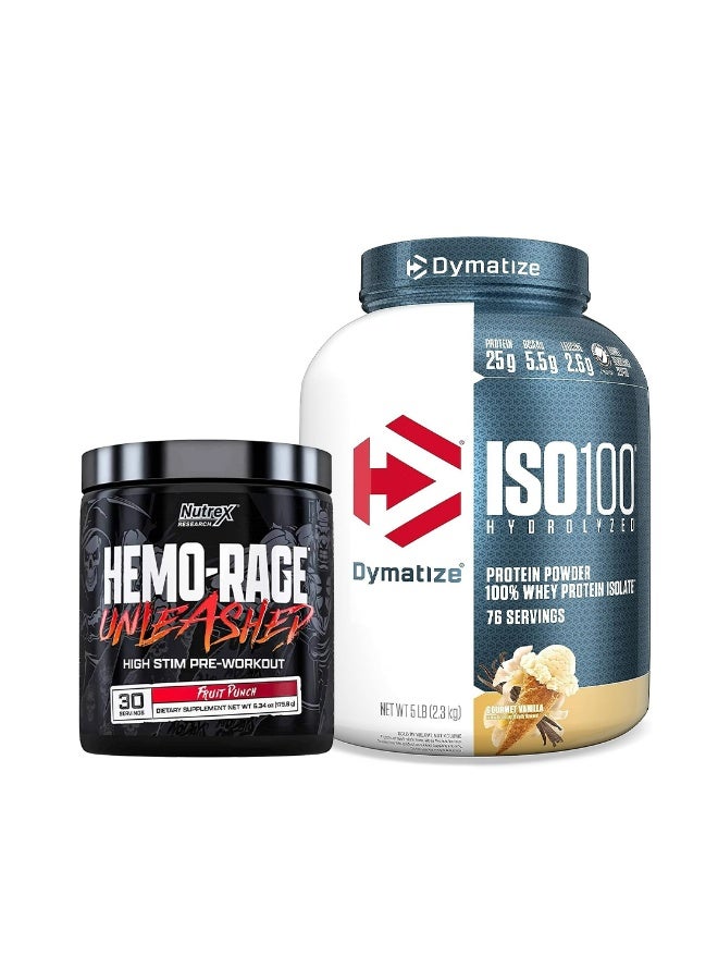 Dymatize ISO100 Gourmet Vanilla 5 Lb + Nutrex Hemo-Rage Fruit Punch 30 Servings - Image 1