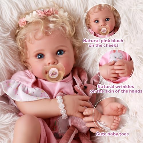 BABESIDE Reborn Baby Dolls 17 Inch Soft Body Realistic Baby Doll Girl Lovely Awake Blond Curly Hair Girl Bebe Reborn de Silicona Real Life Baby Dolls with Gift Box for Kids Age 3 Collectors - Image 5