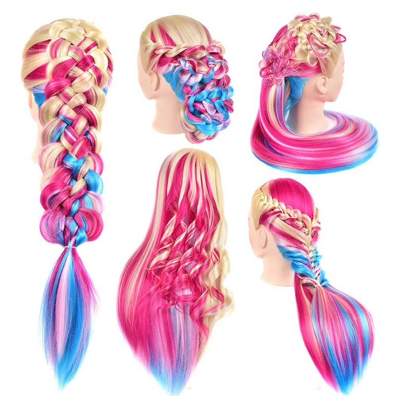 Pinzer 28 Inch Mannequin Head Styling Head for Hairdresser Practice Training Head Rainbow Hair Cosmetology Doll Head with Synthetic Fiber Hair for kids Practice Brading - Image 3