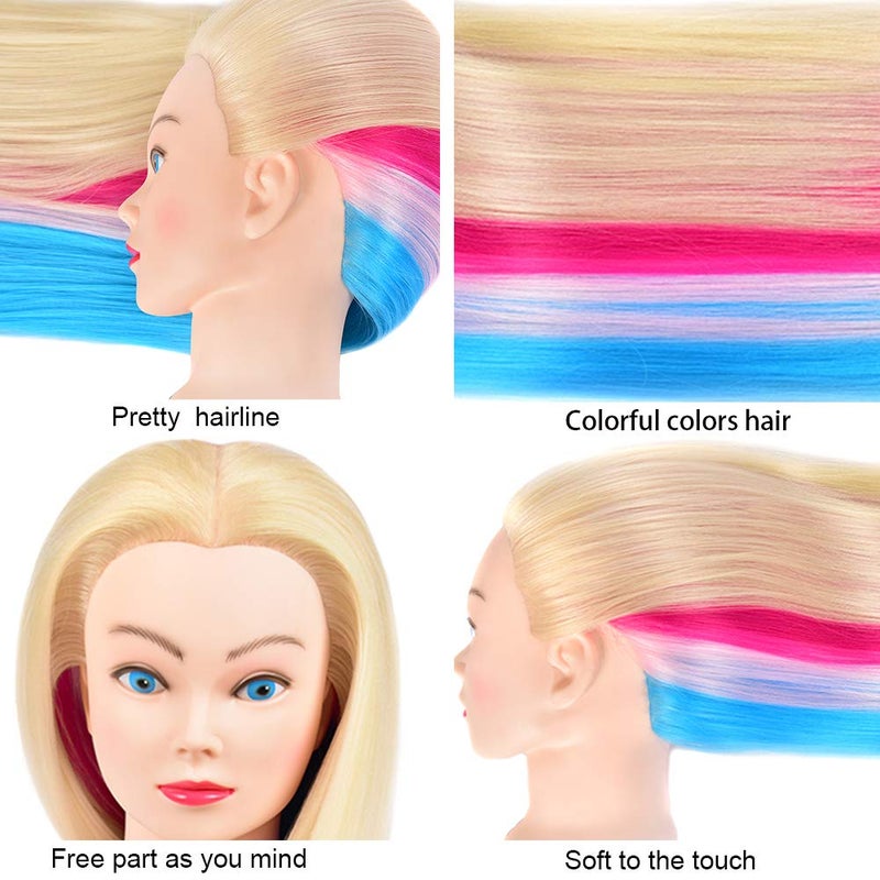 Pinzer 28 Inch Mannequin Head Styling Head for Hairdresser Practice Training Head Rainbow Hair Cosmetology Doll Head with Synthetic Fiber Hair for kids Practice Brading - Image 5