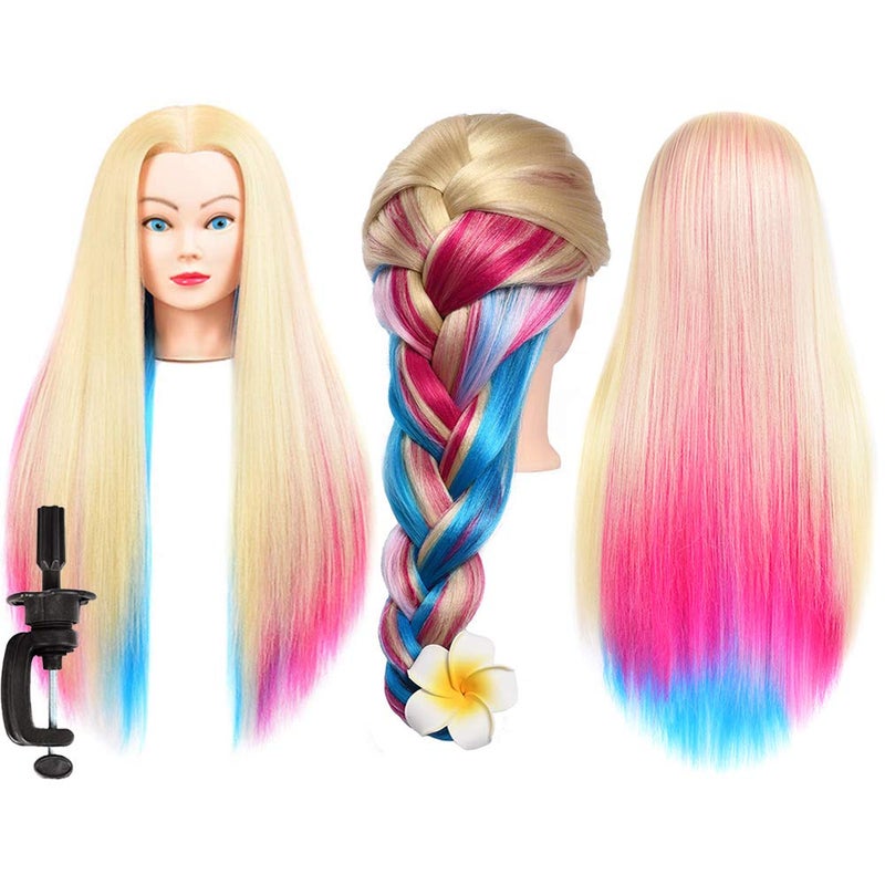 Pinzer 28 Inch Mannequin Head Styling Head for Hairdresser Practice Training Head Rainbow Hair Cosmetology Doll Head with Synthetic Fiber Hair for kids Practice Brading - Image 2