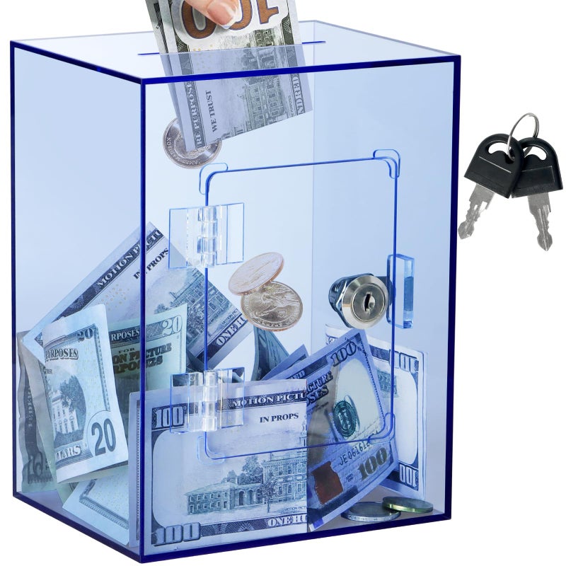 Imeepa Clear Acrylic Piggy Bank with Lock and Key for Kids Adults, Openable Money Saving Box for Cash Coins Real Money (Blue) - Image 1