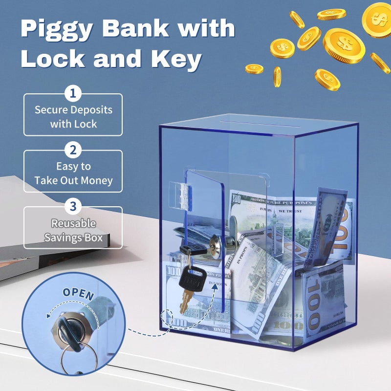Imeepa Clear Acrylic Piggy Bank with Lock and Key for Kids Adults, Openable Money Saving Box for Cash Coins Real Money (Blue) - Image 3