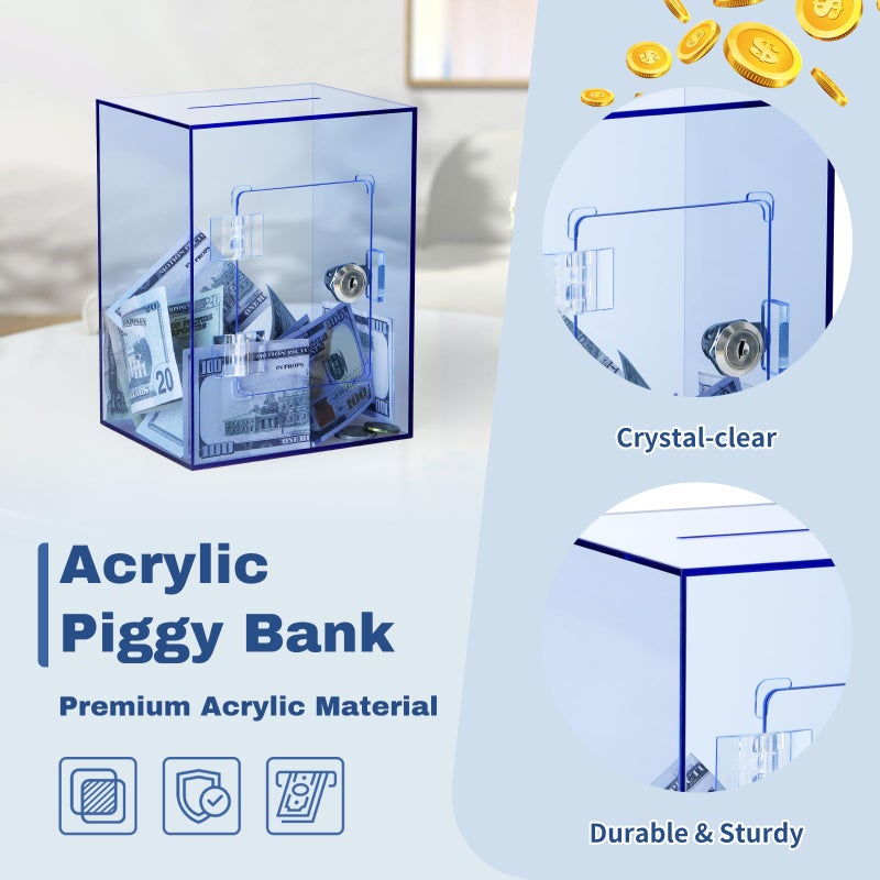 Imeepa Clear Acrylic Piggy Bank with Lock and Key for Kids Adults, Openable Money Saving Box for Cash Coins Real Money (Blue) - Image 4