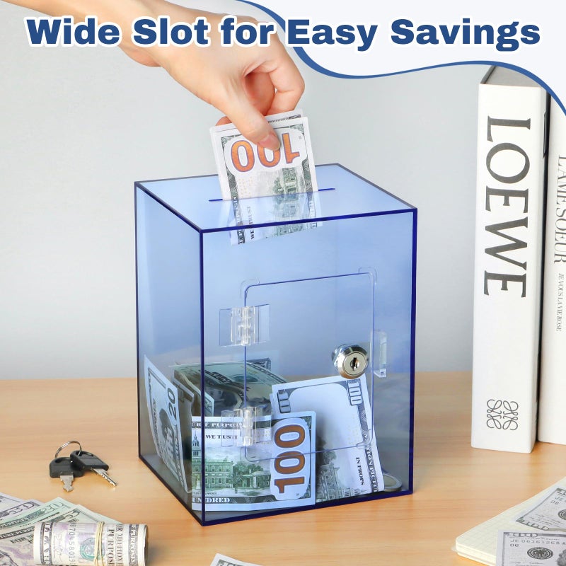 Imeepa Clear Acrylic Piggy Bank with Lock and Key for Kids Adults, Openable Money Saving Box for Cash Coins Real Money (Blue) - Image 5