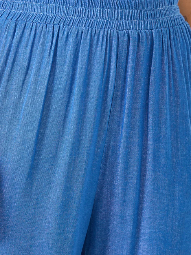 Take Two Take Two Women Blue Solid Elastic Waistband Wide Leg Pants