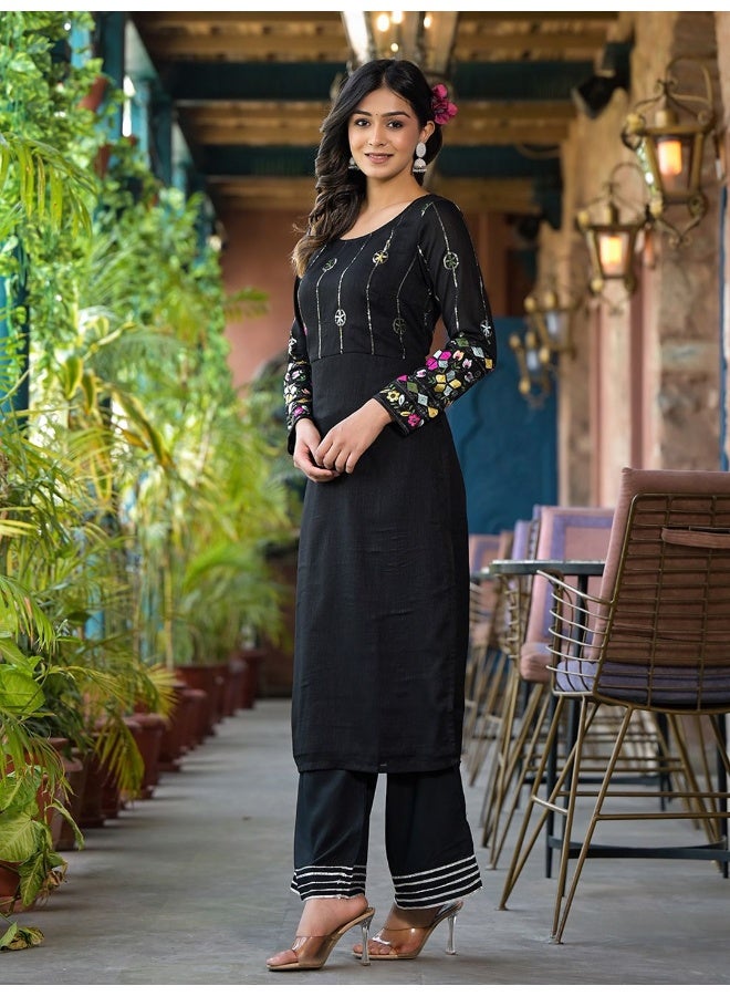 AKS Black embroidered straight kurta - Image 3