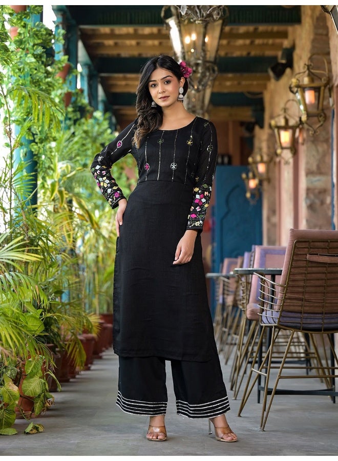 AKS Black embroidered straight kurta - Image 1