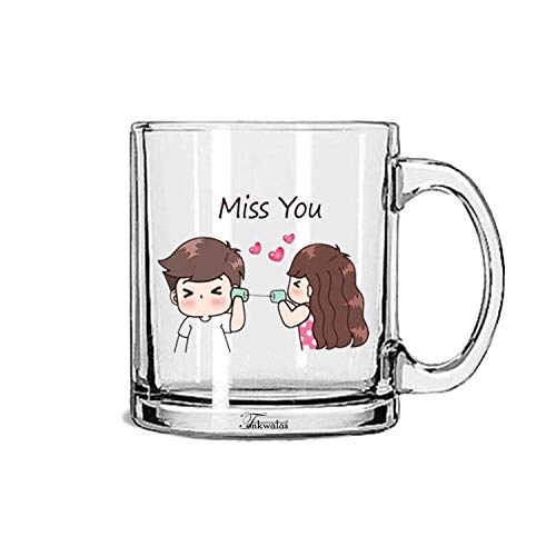 TONKWALAS Miss You Cute Couple Printed Transparent Glass Coffee and Tea Mug Gift for His/Her (325 ML) - Image 1