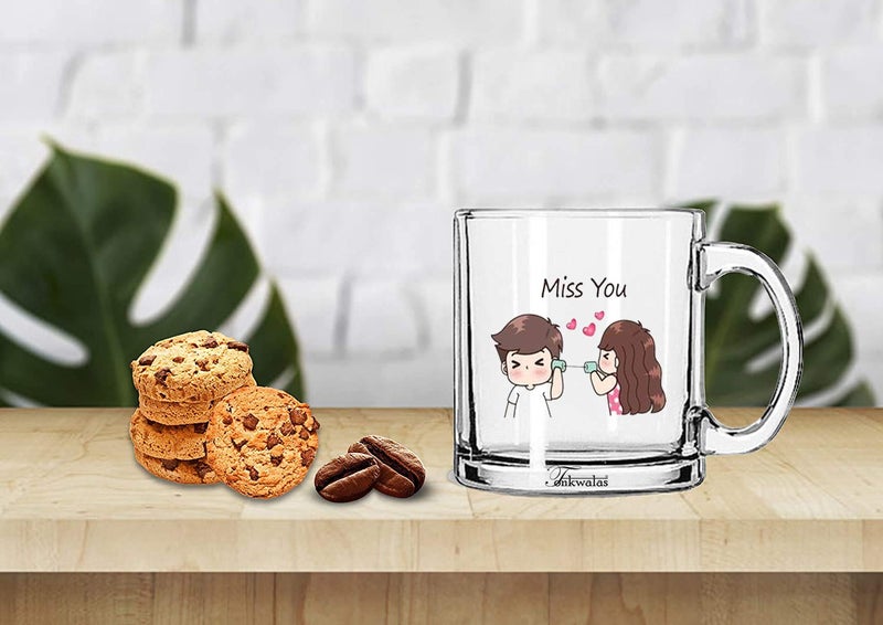 TONKWALAS Miss You Cute Couple Printed Transparent Glass Coffee and Tea Mug Gift for His/Her (325 ML) - Image 2