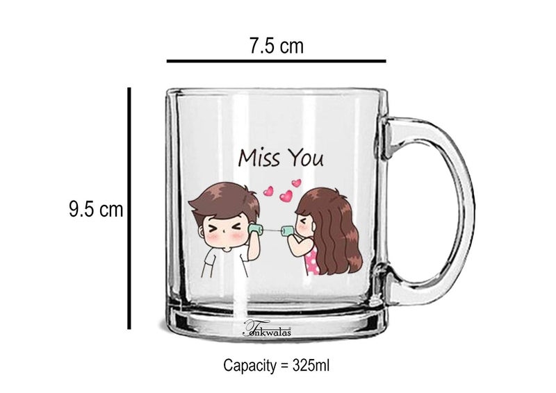 TONKWALAS Miss You Cute Couple Printed Transparent Glass Coffee and Tea Mug Gift for His/Her (325 ML) - Image 3