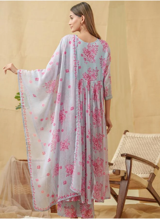 DW Embroidered A-Line Kurta and Trouser with Dupatta Set by Styli