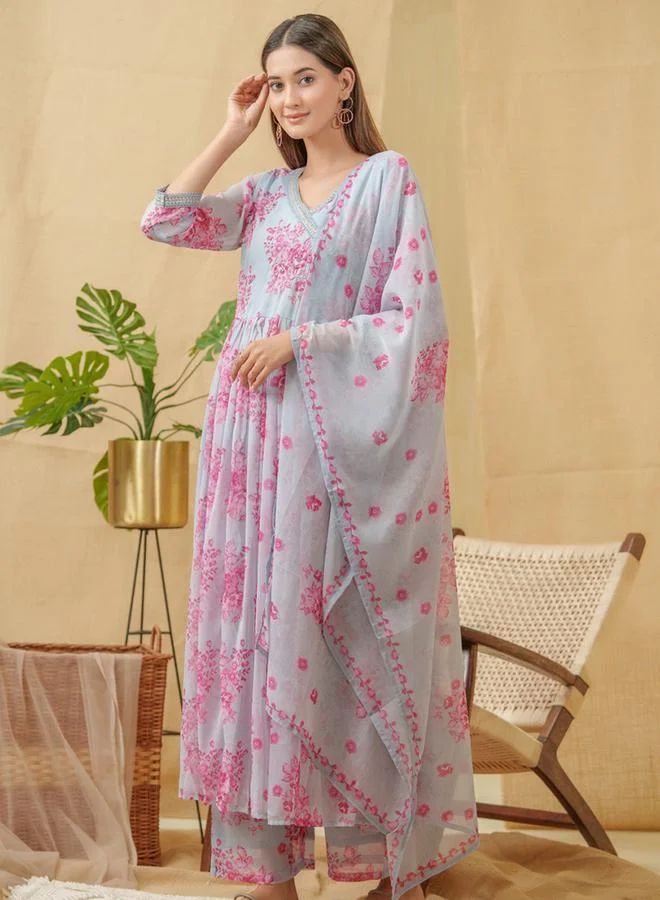 DW Embroidered A-Line Kurta and Trouser with Dupatta Set by Styli