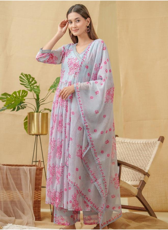 DW Embroidered A-Line Kurta and Trouser with Dupatta Set by Styli  - Image 3