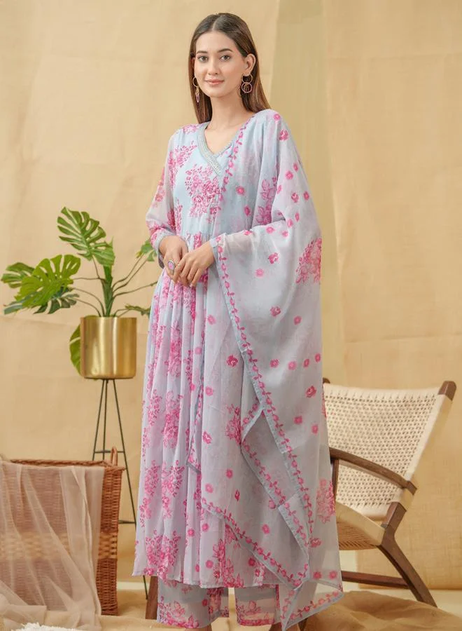 DW Embroidered A-Line Kurta and Trouser with Dupatta Set by Styli