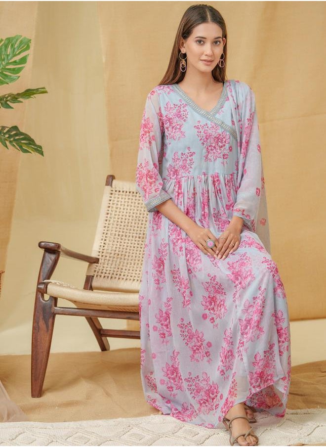 DW Embroidered A-Line Kurta and Trouser with Dupatta Set by Styli  - Image 4