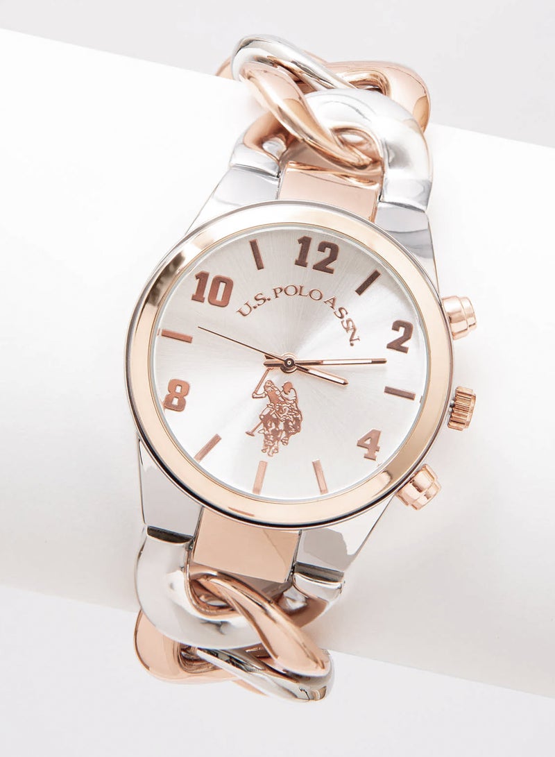 U.S. POLO ASSN. Women's Quartz Watch, Analog Display and Silver & Rose gold Plated Strap USC40176