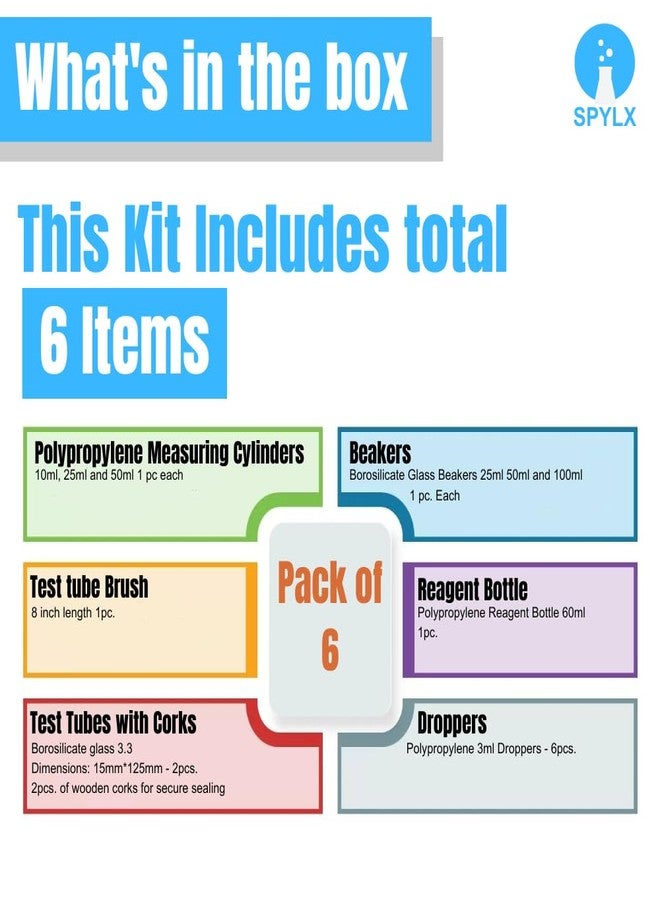 Spylx Lab Equipment Kit - Includes Glass Beakers, Droppers, Plastic Measuring Cylinders, Plastic Reagent Bottle, Test Tubes for Science Experiments and Lab Use - Image 2