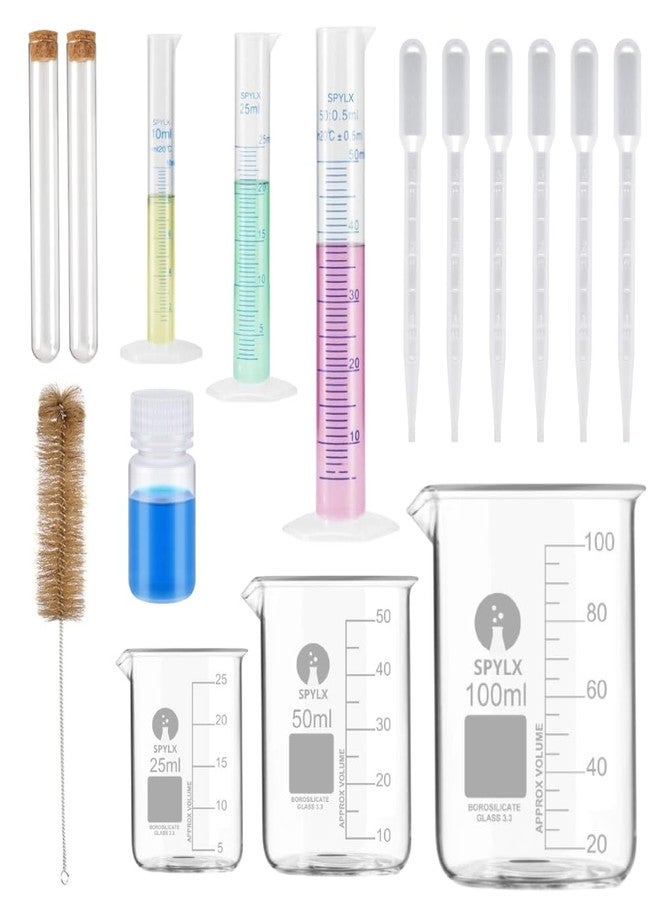 Spylx Lab Equipment Kit - Includes Glass Beakers, Droppers, Plastic Measuring Cylinders, Plastic Reagent Bottle, Test Tubes for Science Experiments and Lab Use - Image 1