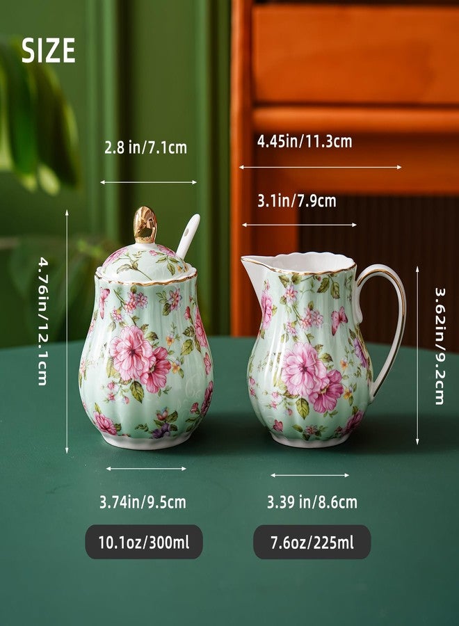 Agyiuns Ceramic Sugar and Creamer Set, 3 Piece Set with Cream Pitcher, Sugar Bowl, Sugar Set with Lid and Spoon (Green) - Image 2