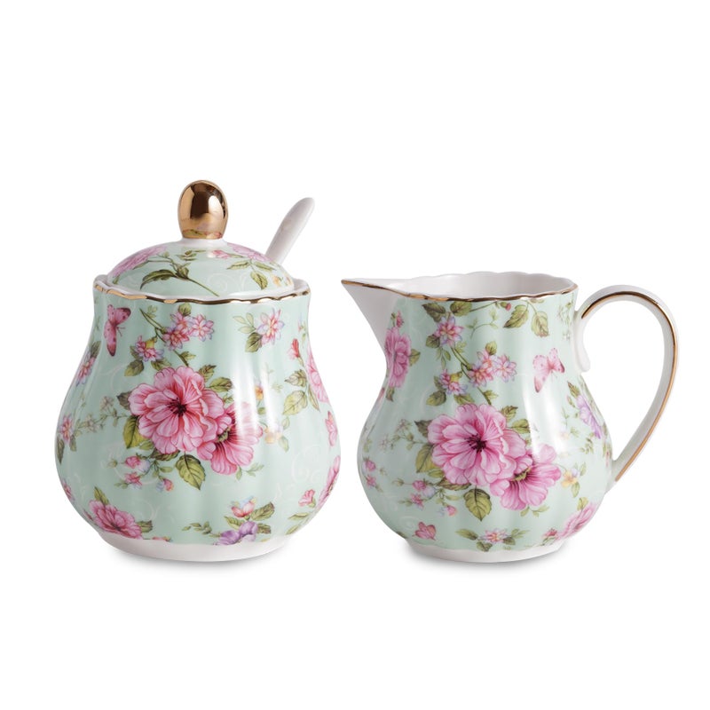 Agyiuns Ceramic Sugar and Creamer Set, 3 Piece Set with Cream Pitcher, Sugar Bowl, Sugar Set with Lid and Spoon (Green) - Image 1
