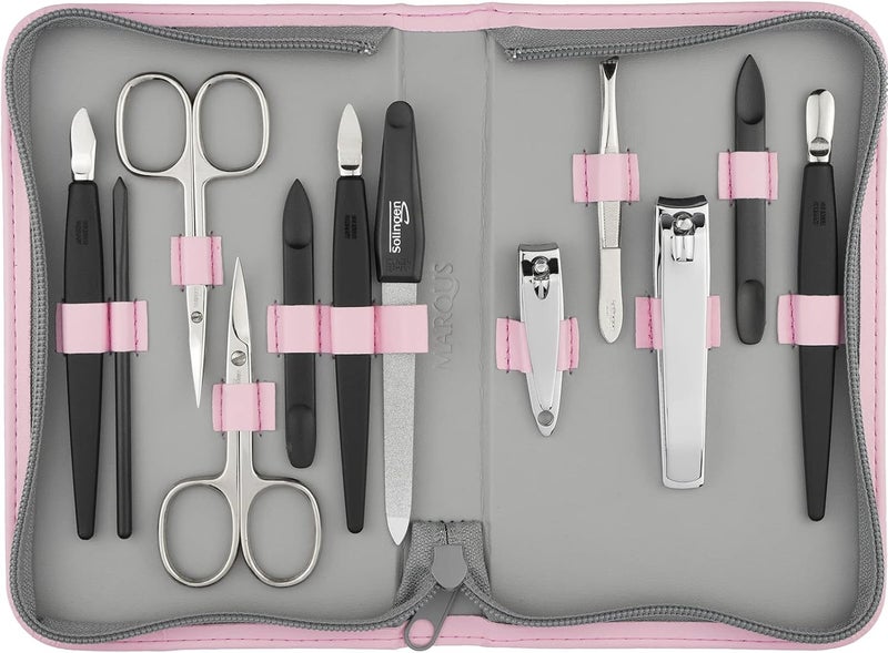 Solingen Manicure Set for Women and Men 12 pcs kit made in Germany incl nailclippers pedicure tools Fashion leather case ideal for travelling rose