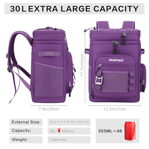 Hulongo Large Waterproof Insulated Cooler Backpack for Men Women Leak Proof Cooler Backpack for Camping Beach Fishing Picnic Travel Outdoor 30L 48Cans Purple - Image 3
