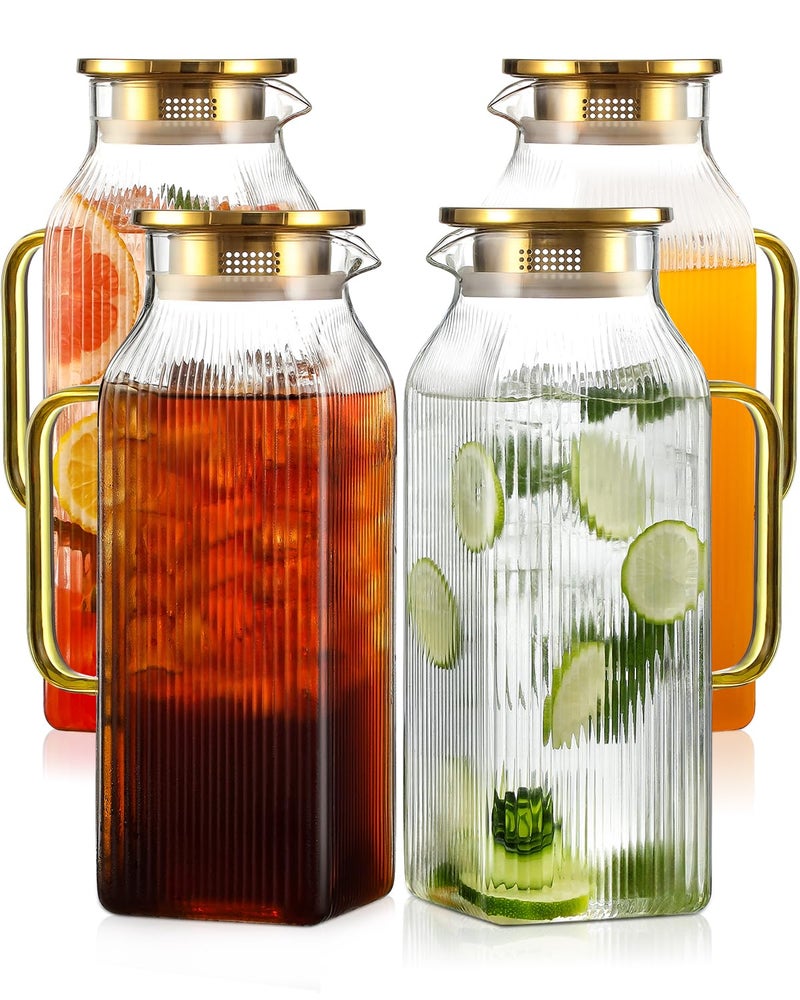 Snuvid 4 Pack 2 Liter/68 oz Square Glass Pitcher with Lid, Classic Stripes Water Pitchers with Handle for Fridge, Large Jug for Iced Tea, Coffee, Borosilicate Glass Carafe for Hot/Cold Brew Drink, Gold - Image 1