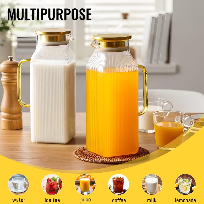 Snuvid 4 Pack 2 Liter/68 oz Square Glass Pitcher with Lid, Classic Stripes Water Pitchers with Handle for Fridge, Large Jug for Iced Tea, Coffee, Borosilicate Glass Carafe for Hot/Cold Brew Drink, Gold - Image 3