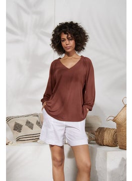 Tchibo Women V Neck Long Sleeves Plain Blouse, Maroon  - Image 1