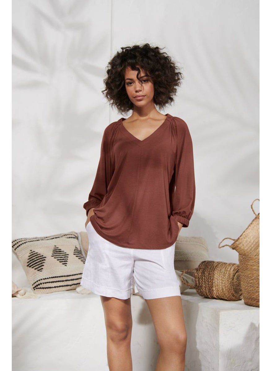Tchibo Women V Neck Long Sleeves Plain Blouse, Maroon  - Image 1