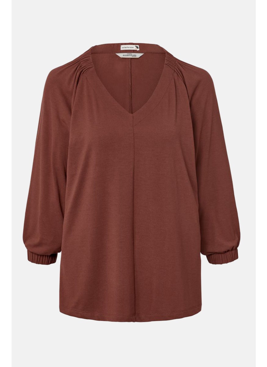 Tchibo Women V Neck Long Sleeves Plain Blouse, Maroon  - Image 2