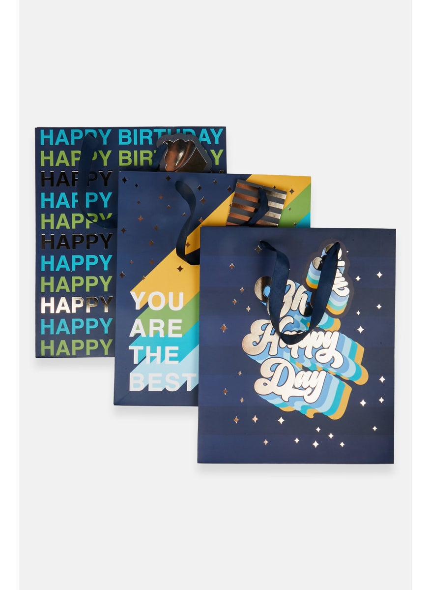 Stella Rose Set Of 3 All Over Printed Happy Birthday Gift Bag Set, Navy Blue Combo  - Image 1