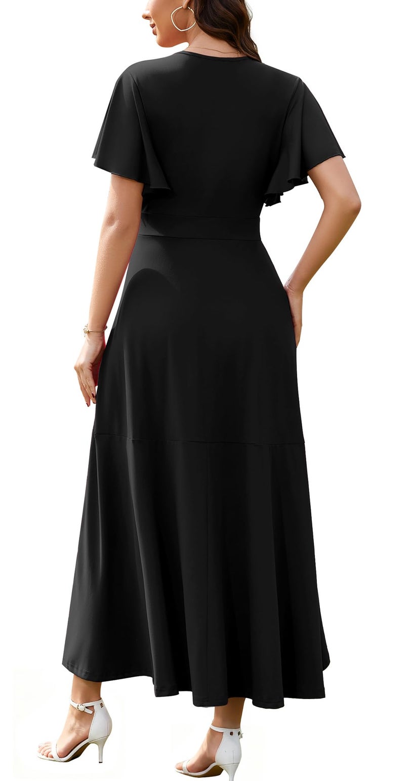 WEACZZY Wedding Guest Dresses V Neck Ruffle Sleeve Maxi Dresse for Women Party Dress Formal Dresses Gowns Evening Party Cocktail Dress,Black,L - Image 3