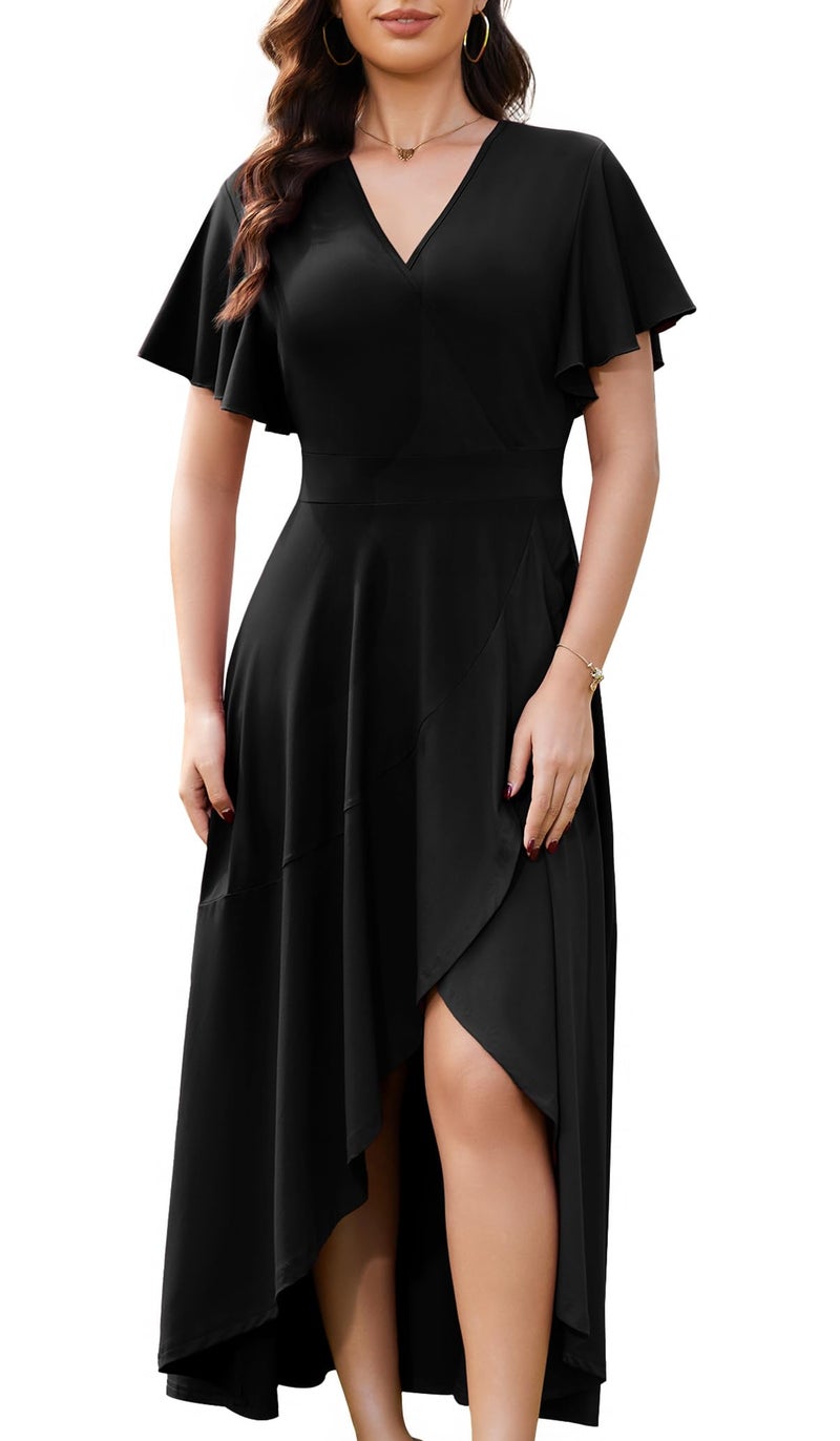 WEACZZY Wedding Guest Dresses V Neck Ruffle Sleeve Maxi Dresse for Women Party Dress Formal Dresses Gowns Evening Party Cocktail Dress,Black,L - Image 1