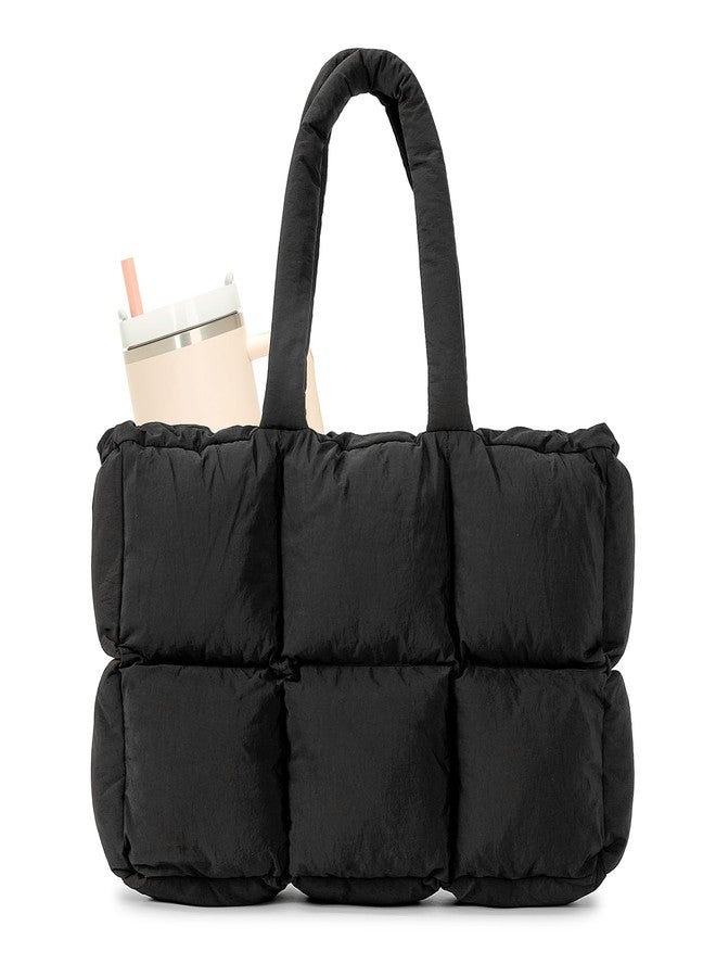 Herald Puffer Tote Bag for Women, Large Quilted Puffy Handbag Lightweight Satchel Purse with Cup Holder & Compartment (Black) - Image 1