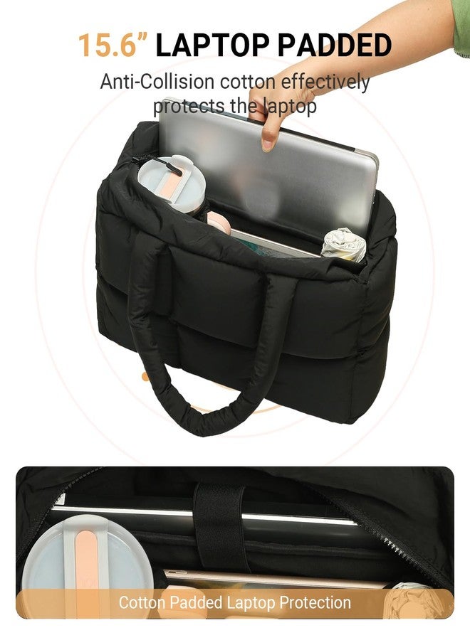 Herald Puffer Tote Bag for Women, Large Quilted Puffy Handbag Lightweight Satchel Purse with Cup Holder & Compartment (Black) - Image 4
