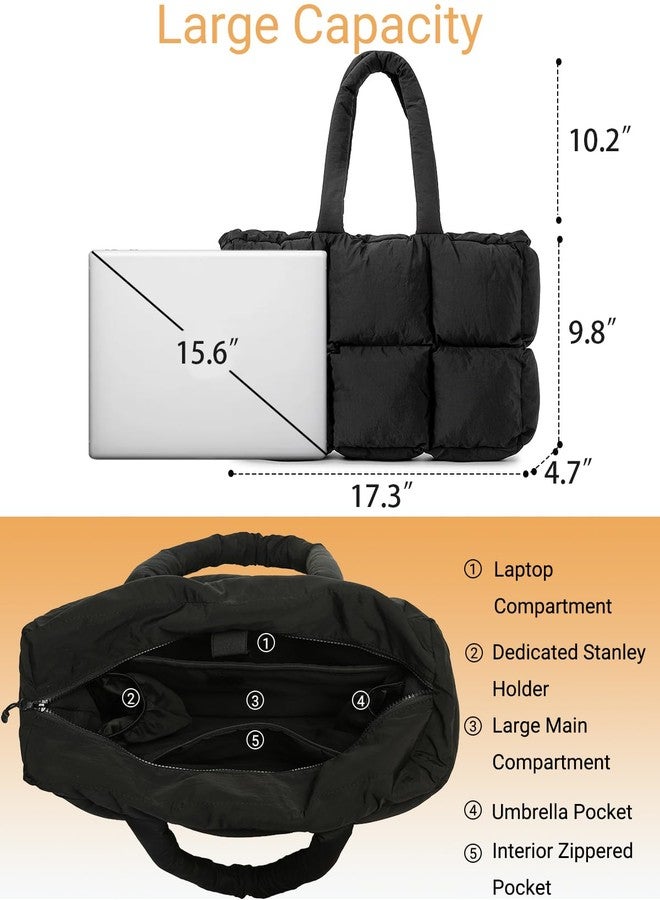 Herald Puffer Tote Bag for Women, Large Quilted Puffy Handbag Lightweight Satchel Purse with Cup Holder & Compartment (Black) - Image 5