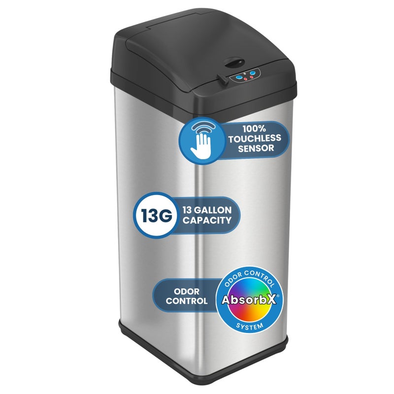iTouchless 50 Liter / 13 Gallon Sensor Dog-Proof Kitchen Trash Can with Lid Lock and AbsorbX Odor Filter, Touchless Lid, Stainless Steel Garbage Recycling Bin for Kitchen, Home, Office, Business - Image 1