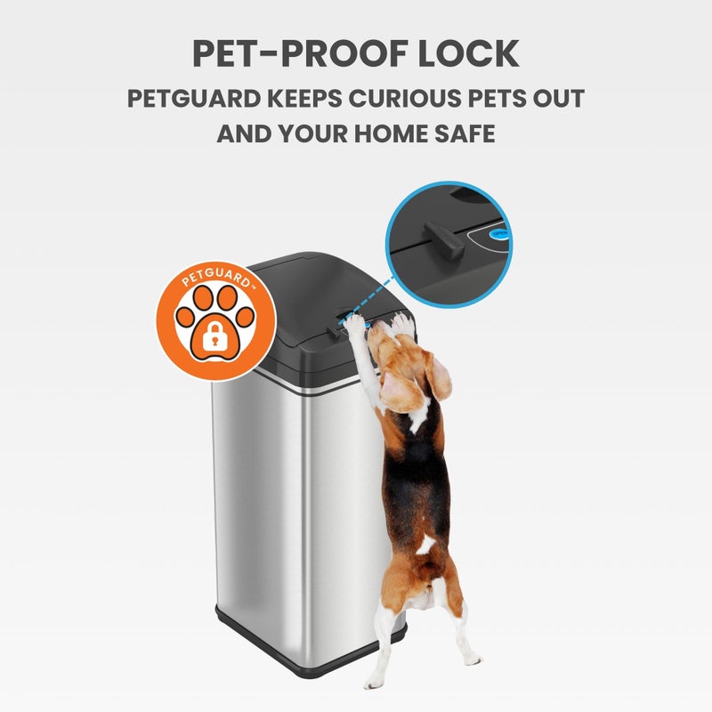 iTouchless 50 Liter / 13 Gallon Sensor Dog-Proof Kitchen Trash Can with Lid Lock and AbsorbX Odor Filter, Touchless Lid, Stainless Steel Garbage Recycling Bin for Kitchen, Home, Office, Business - Image 2