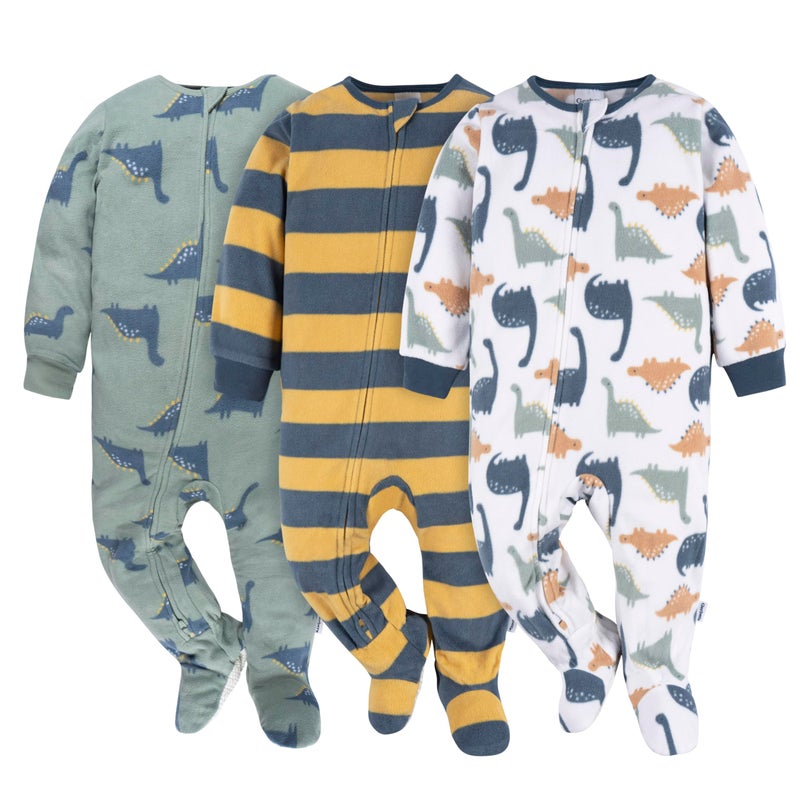 Gerber Baby Boys' Toddler Fleece Footed Pajamas 3-pack, Dinos, 6-9 Months - Image 1