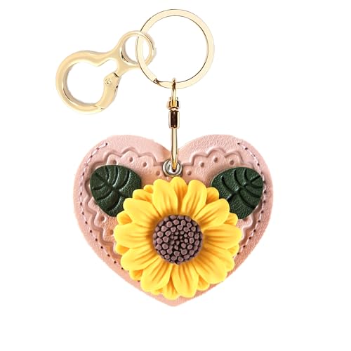 BORKUANA Leather Keychain Holder Case Compatible with AirTag,Cute Protective Air Tag Cover with Keyring,Anti-Scratch Finder GPS Tracker Case for Wallet Keys,bag,pets(Pink Daisy) - Image 1